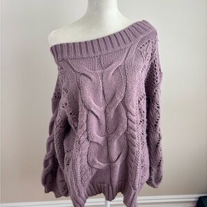Women's Off-Shoulder Cable Knit Sweater - Purple/Mauve.